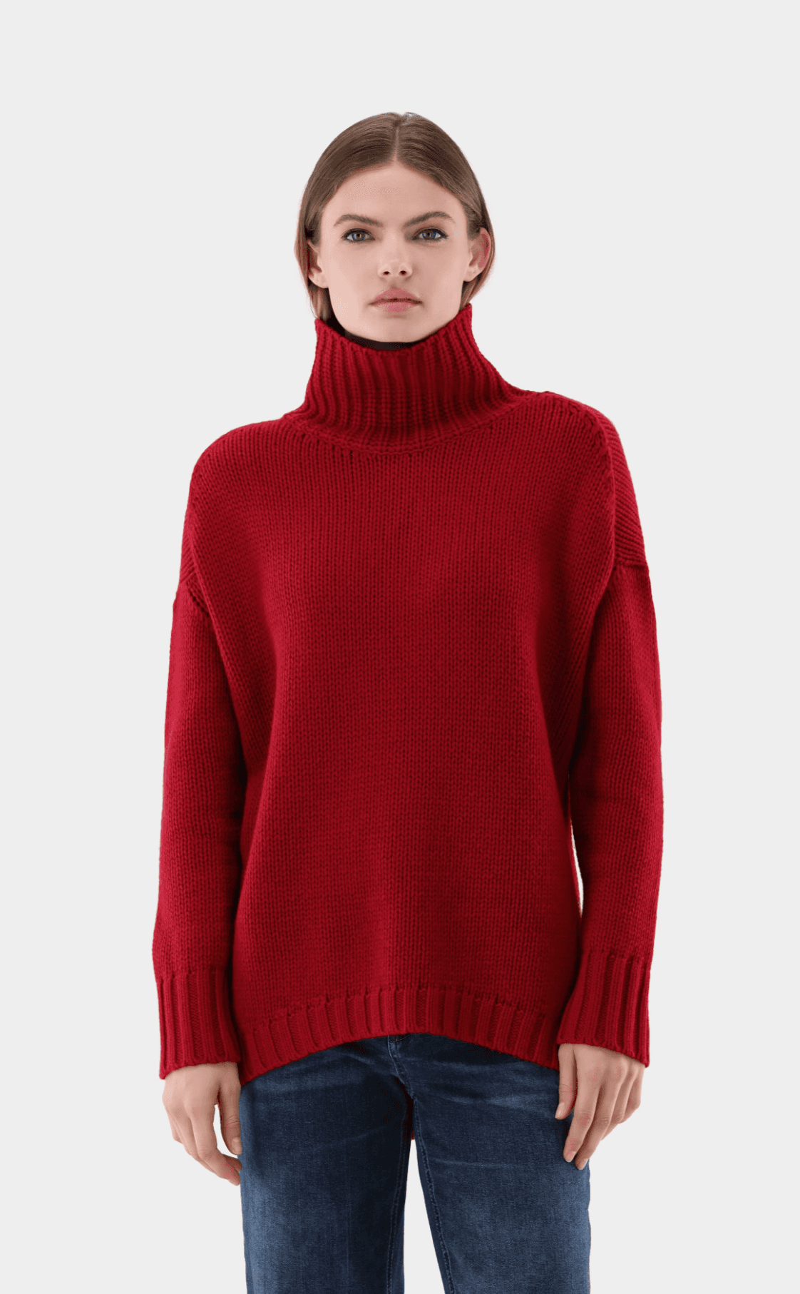 Bordeaux roll-neck knit worn on model