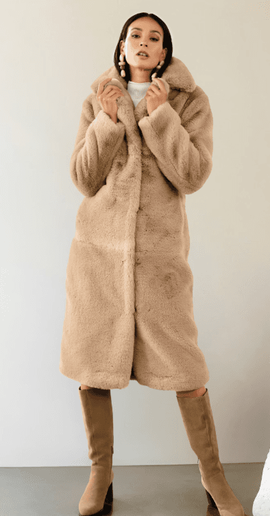 Camel faux fur coat worn on model